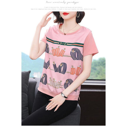 Round Neck Plus Belly-Covering Print Loose Fit Short Sleeve Tee