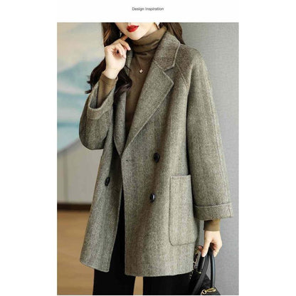 Abrigo de mezcla de lana con patrón de espiga, ajuste holgado y adelgazante de lana