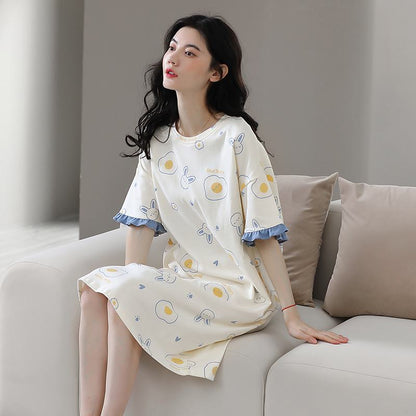 Pleated Off-White Tightly Woven Pure Cotton Bunny Lounge Dress