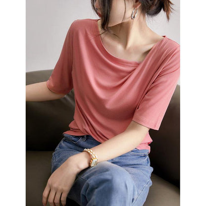 Camiseta de manga corta plisada de estilo sencillo y versátil en color liso elegante