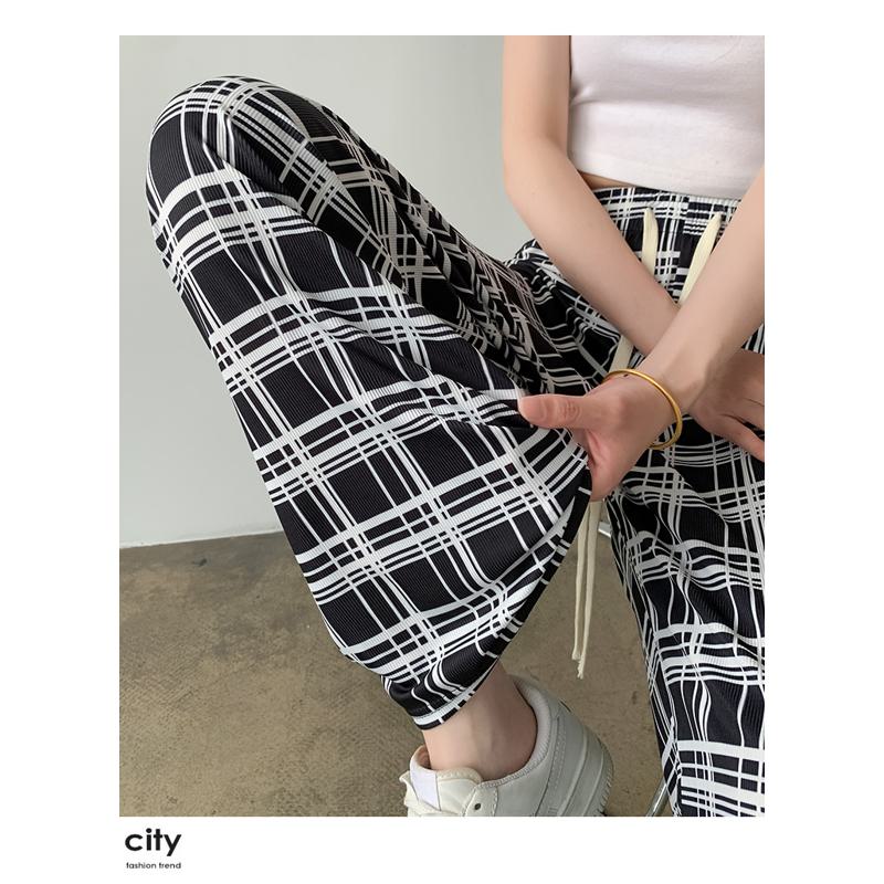 Silky Draping High-Waisted Loose-Fit Slimming Thin Plaid Pants