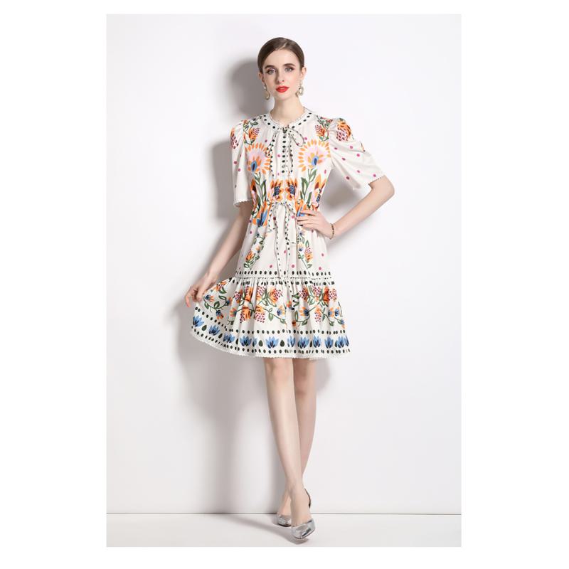 Fiber Water-Soluble Drawstring Polka Dot Colorful Print Dress