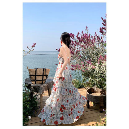 French Style Cami Floral Print Cake Dress Full Skirt Dress