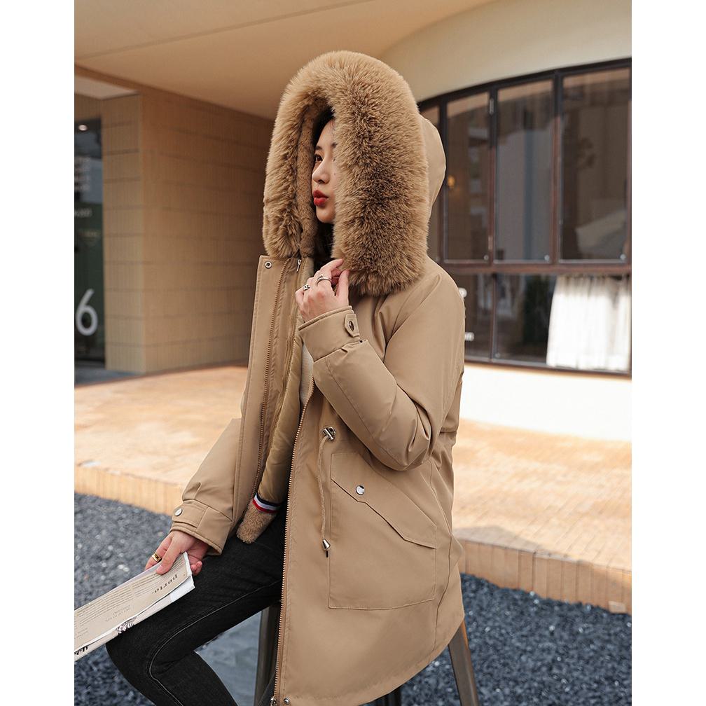 Fleece-Lined Faux Fur Collar Detachable Hooded Parka