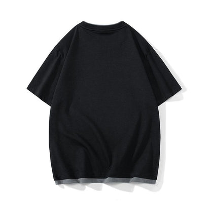 Bequemes Kurzarm-T-Shirt aus reiner Baumwolle mit Rundhalsausschnitt, imitiertes Zweiteiler-Design, vielseitig einsetzbar