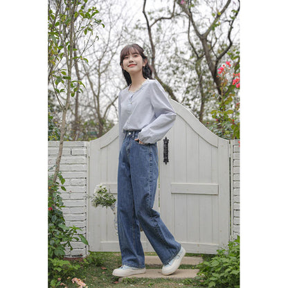 Versatile Wide-Leg Solid Color Simplicity Loose Fit Straight Leg High-Waisted Jeans