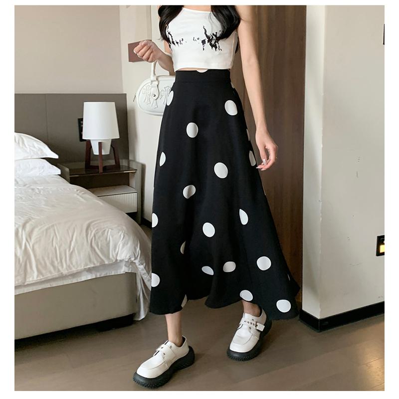 High-Waisted Chiffon Polka Dot Pocket Full Skirt Style Elastic Waist Skirt