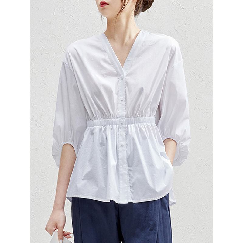 Versatile Chic V-Neck White Lantern Sleeve Chiffon Cinched Waist Shirt