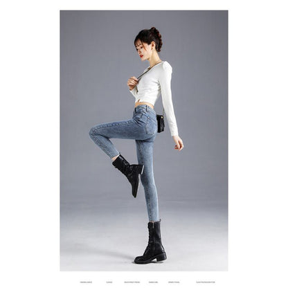 Slimming High-Waisted Light-Colored Double-Breasted Elasticity Pencil Slim-Fit Jeans
