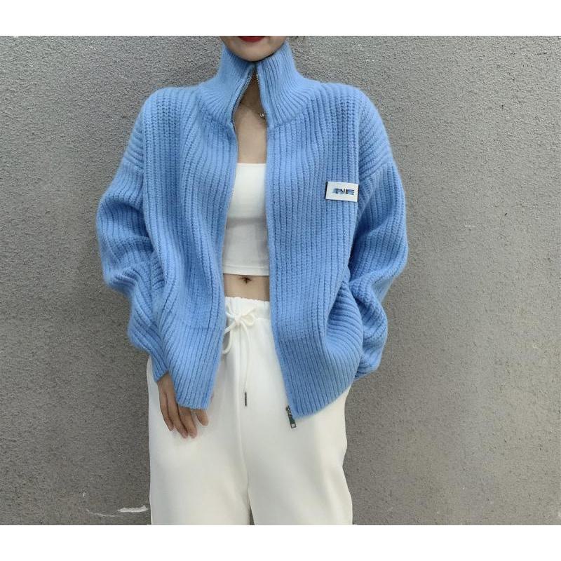Stand-Up Collar Cropped Cardigan Solid Color Knitted Loose Fit Zipper Lazy Cardigan