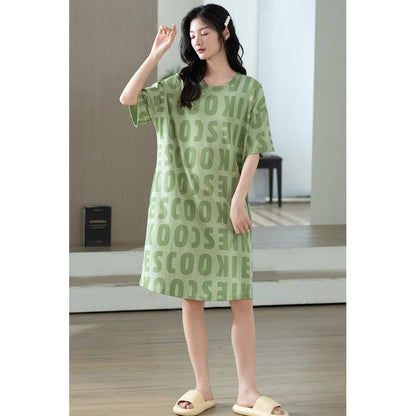 Grünes Lounge-Kleid mit Rundhalsausschnitt aus reiner Baumwolle