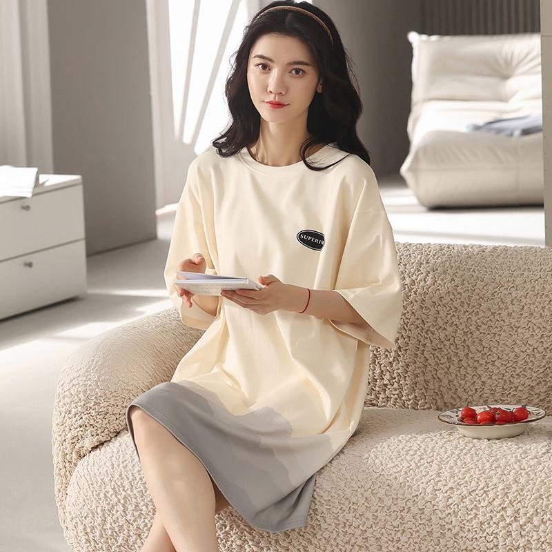 Pure Cotton Gradient Color Letter Round Neck Pullover Simplicity Lounge Dress
