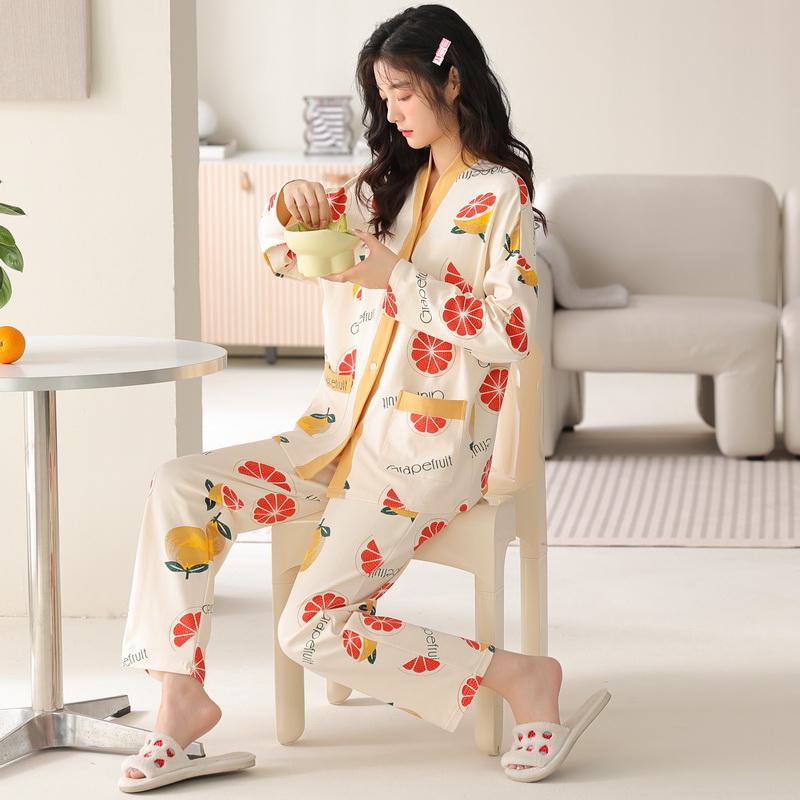 Conjunto de pijama de algodón puro tejido apretado con botones delanteros y bolsillo de letra de pomelo