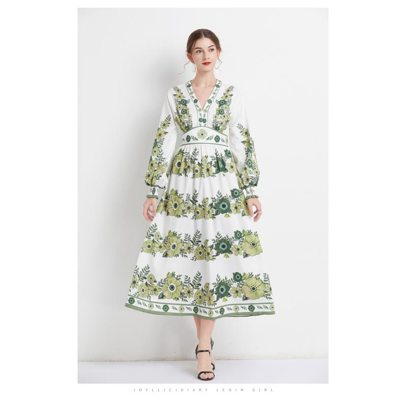 V-Neck Slimming High-Waisted Vacation Retro Full Skirt Style Flower Print Dress