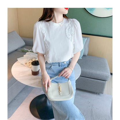 Slimming Pure Cotton White Patchwork Chiffon Blouse