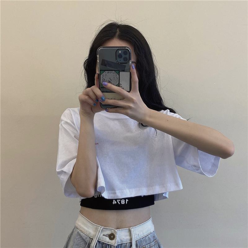 Loose Fit Navel-Baring Cropped Two-Piece Set High-Waisted Short Sleeve Tee