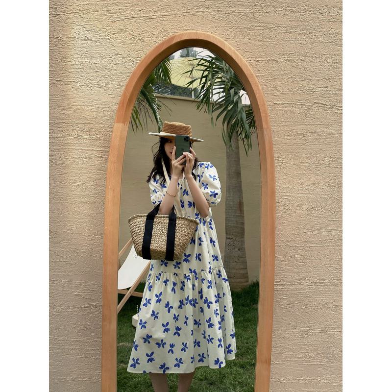 Floral Print Slimming Blue Bubble Sleeve Dress