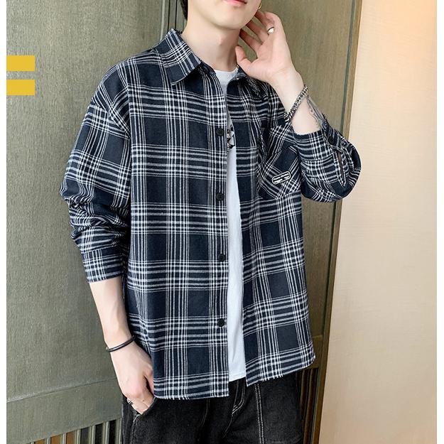 Camisa de manga larga con estampado a cuadros estilo informal con bolsillos parcheados - tendencia de ropa de trabajo con estilo