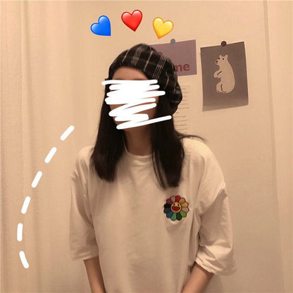 T-shirt ample à manches courtes en coton pur style Harajuku rétro