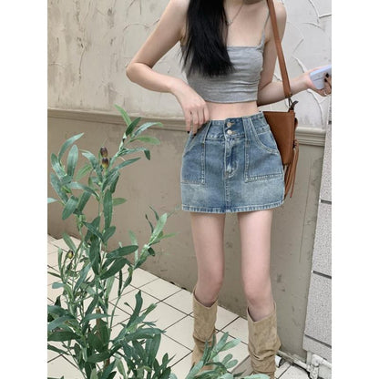 Button Front Niche Washed Out Retro Bodycon Denim Skirt