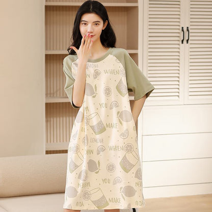 Midi Lemon Fruit Print Tightly Woven Pure Cotton Lounge Dress