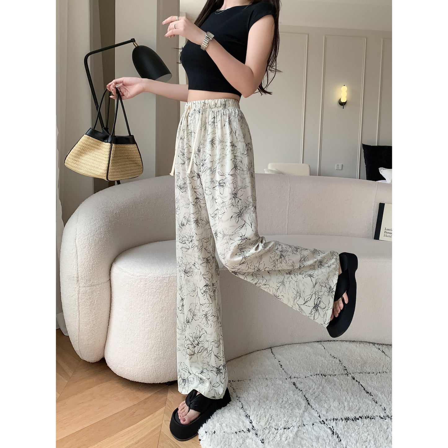 Printed High-Waisted Straight Leg Casual Slimming Look Silky Pants