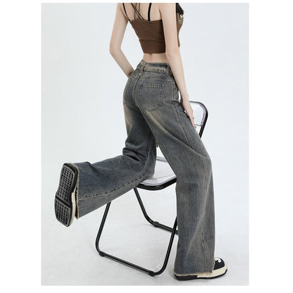 Jeans de pierna recta sueltos estilo callejero desgastados de talle alto y aspecto fino.