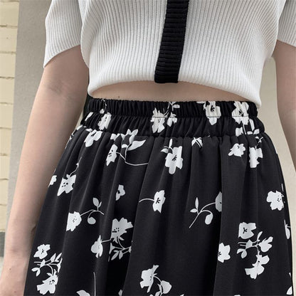 Falda de malla con cintura elástica, falda de hada con estampado floral y falda amplia elegante