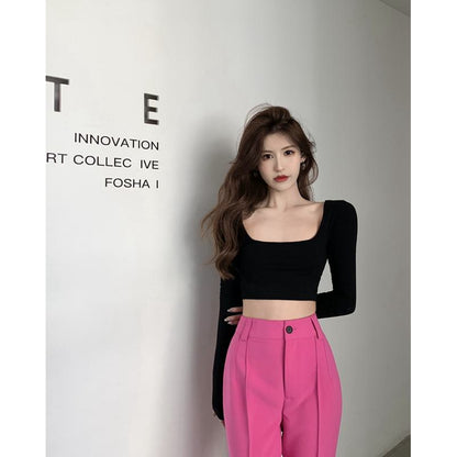 Cropped Backless Slim-Fit Square Collar Tie Long Sleeve Tee