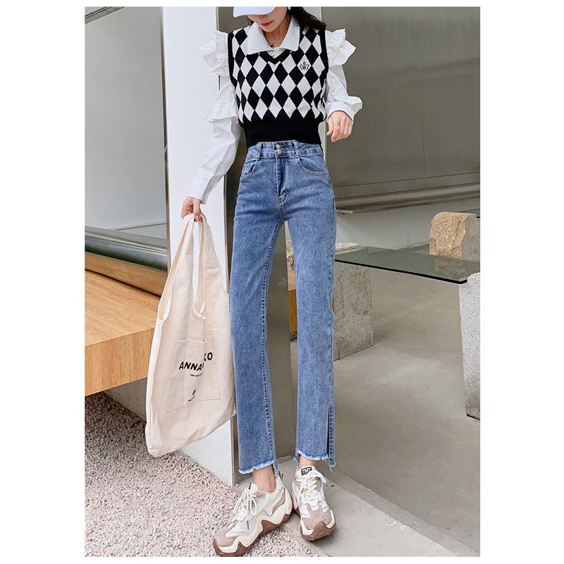 Slimming Cropped Elasticity Frayed Edge Loose Fit Straight High-Waisted Split Jeans