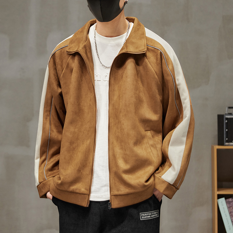 Stand-Up Collar Patchwork Suede Full Zip Track Jacket