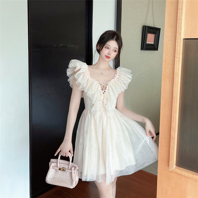 Gentle V-Neck Off-Shoulder Ruffle Hem Mesh Super Fairy Fairy Dress