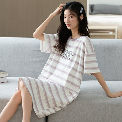 Pure Cotton Round Neck Pullover Stripe Simplicity Lounge Dress