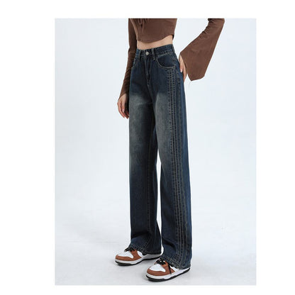 Straight Leg Draping Retro High-Waisted Jeans