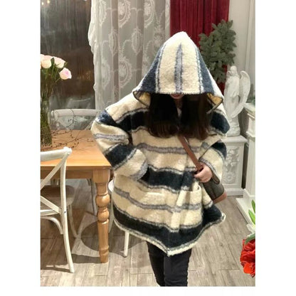 Thigh-Length Loose Fit Retro Stripe Hooded Wool Blend Coat