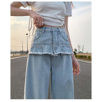 Slimming Thin High-Waisted Floor-Length Loose Fit Draping Straight Jeans