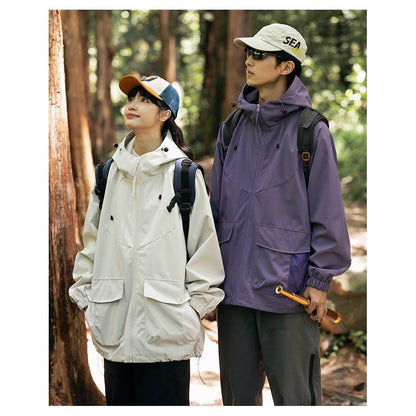 Chaqueta con capucha estilo workwear para acampar, resistente al viento y a la lluvia, de moda.