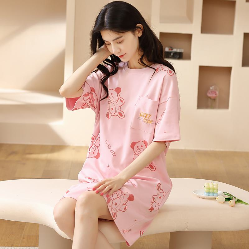 Midi Pink Tightly Woven Pure Cotton Bear Pattern Lounge Dress