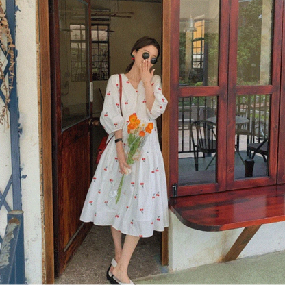 V-Neck Bubble Sleeve Gentle Retro Floral Print French Style Dress