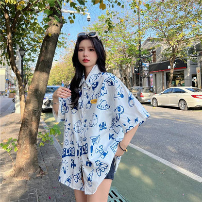 Full Print Loose Fit Preppy Style Niche Shirt