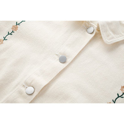 Flower Embroidery Loose Fit Washed Denim Jacket