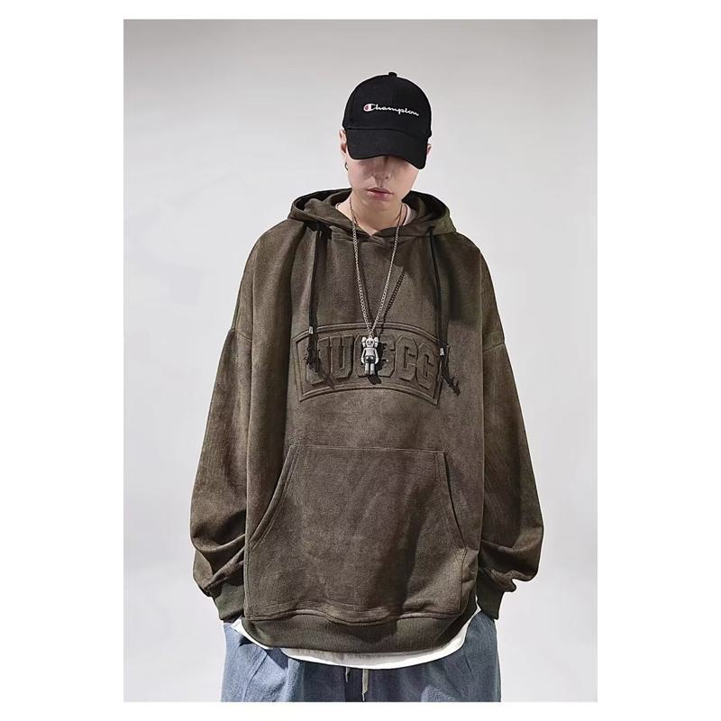 Worn-Out Look Retro Plus Washed Out Suede Camel Velvet Hoodie