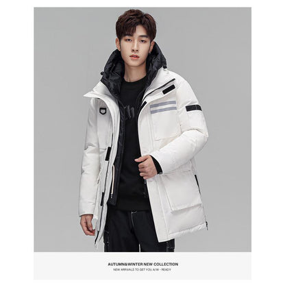 Loose Fit White Duck Down Thickened Thigh-Length Hooded Down Coat