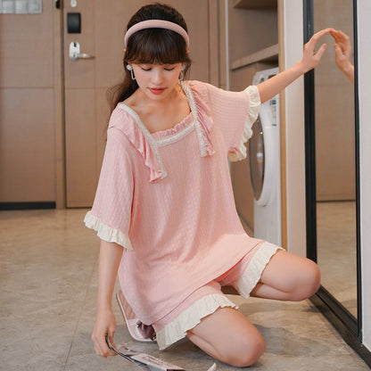Conjunto de pijama rosa plisado de modal de simplicidad