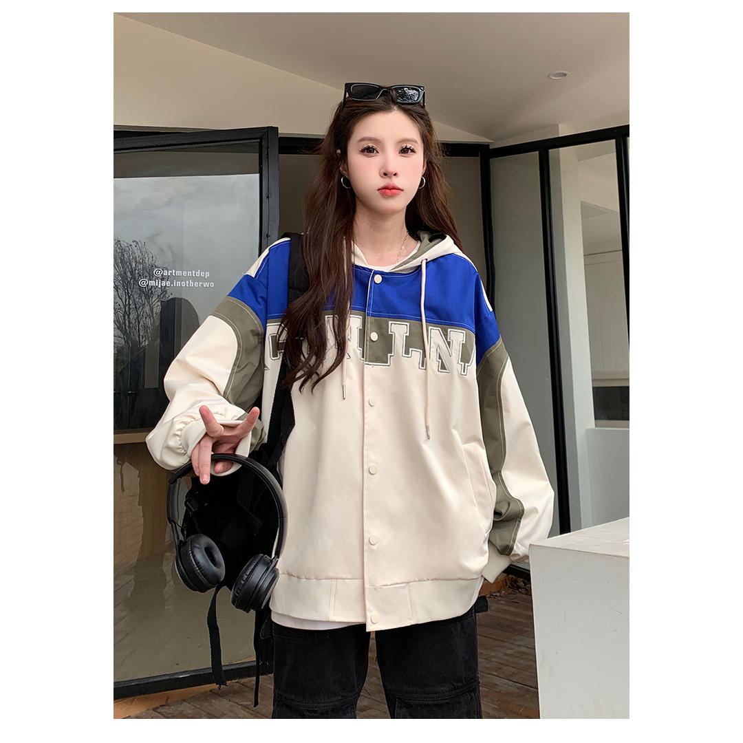 Letter Embroidered Color Block Hooded Windbreaker