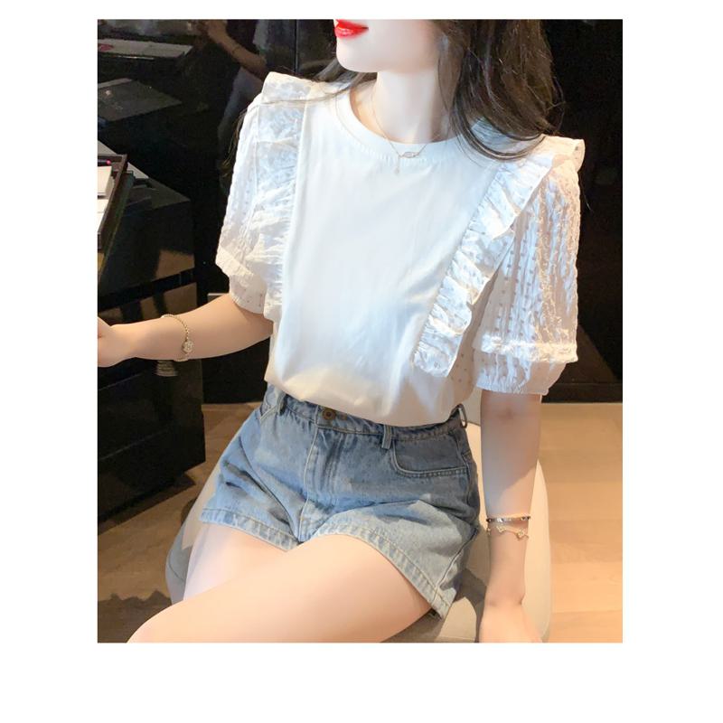 White French Style Lace Ruffle Trim Pure Cotton Patchwork Blouse