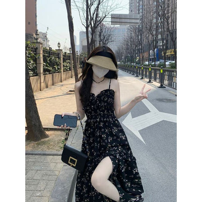 French Style Floral Print Split Long Style Gentle Dress