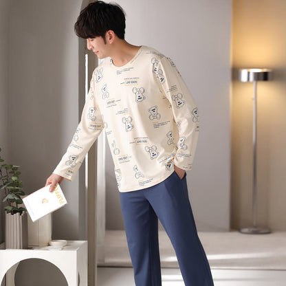 Tightly Woven Pure Cotton Cartoon Pullover Round Neck Long Sleeve Lounge Set