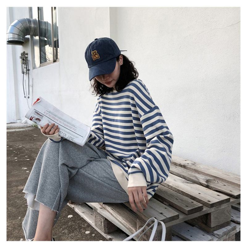 Stripe Fish Scales Round Neck Loose Fit Thin Long Sleeve Tee